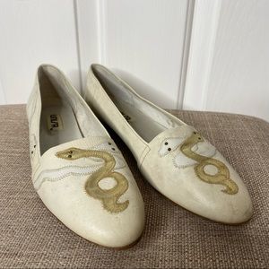Vintage Snake Leather Detail Flats Shoes by Unisa cream, gold embroidered snakes